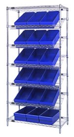 The Quantum Bin Systems Unit is a metal shelving unit measuring 36W x 18D x 74H, with (2) flat wire shelves, (5) slanted wire shelves, and (18) blue bins for front-open access. Its chrome-plated design is supported by four posts at the corners and is suitable for dry storage applications.