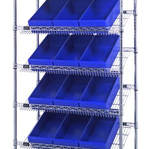 The Quantum Bin Systems Unit is a metal shelving unit measuring 36W x 18D x 74H, with (2) flat wire shelves, (5) slanted wire shelves, and (18) blue bins for front-open access. Its chrome-plated design is supported by four posts at the corners and is suitable for dry storage applications.