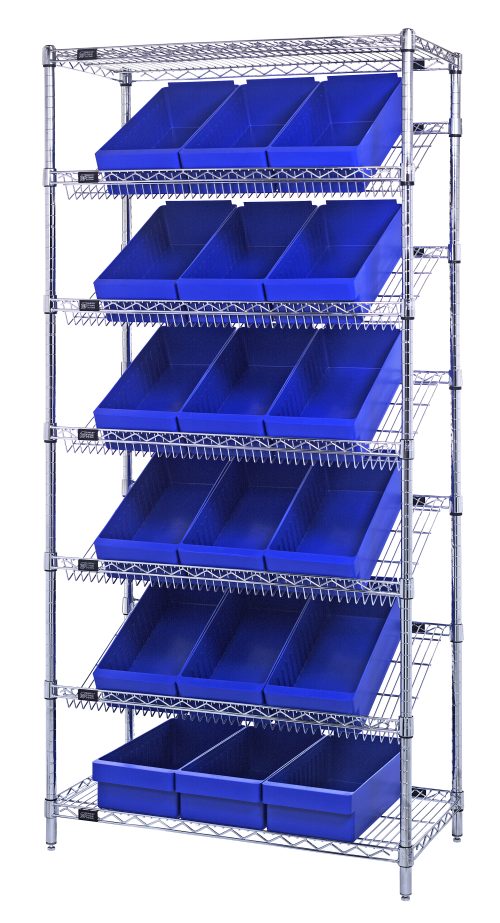 The Quantum Bin Systems Unit is a metal shelving unit measuring 36W x 18D x 74H, with (2) flat wire shelves, (5) slanted wire shelves, and (18) blue bins for front-open access. Its chrome-plated design is supported by four posts at the corners and is suitable for dry storage applications.
