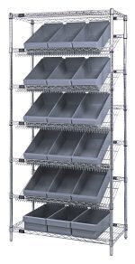 The Quantum Bin Systems Unit, measuring 36W x 18D x 74H, features four posts, two flat wire shelves, five slanted wire shelves, and includes eighteen gray bins (17-5/8L x 8-3/8W x 4-5/8H) that tilt forward for easy access. Ideal for dry storage with a chrome-plated finish.