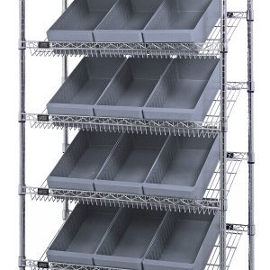 The Quantum Bin Systems Unit, measuring 36W x 18D x 74H, features four posts, two flat wire shelves, five slanted wire shelves, and includes eighteen gray bins (17-5/8L x 8-3/8W x 4-5/8H) that tilt forward for easy access. Ideal for dry storage with a chrome-plated finish.