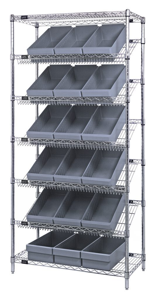 Mobile wire bin shelving system with gray plastic bins on slanted shelves