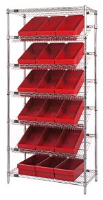 The Quantum Bin Systems Unit offers a metal shelving solution with five slanted wire shelves and two flat wire shelves. It includes 18 red bins (QED606), each measuring 17-5/8L x 8-3/8W x 4-5/8H, making it ideal for organization. The unit measures 36W x 18D x 74H and is chrome-plated for dry storage.