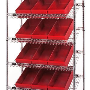 The Quantum Bin Systems Unit offers a metal shelving solution with five slanted wire shelves and two flat wire shelves. It includes 18 red bins (QED606), each measuring 17-5/8L x 8-3/8W x 4-5/8H, making it ideal for organization. The unit measures 36W x 18D x 74H and is chrome-plated for dry storage.
