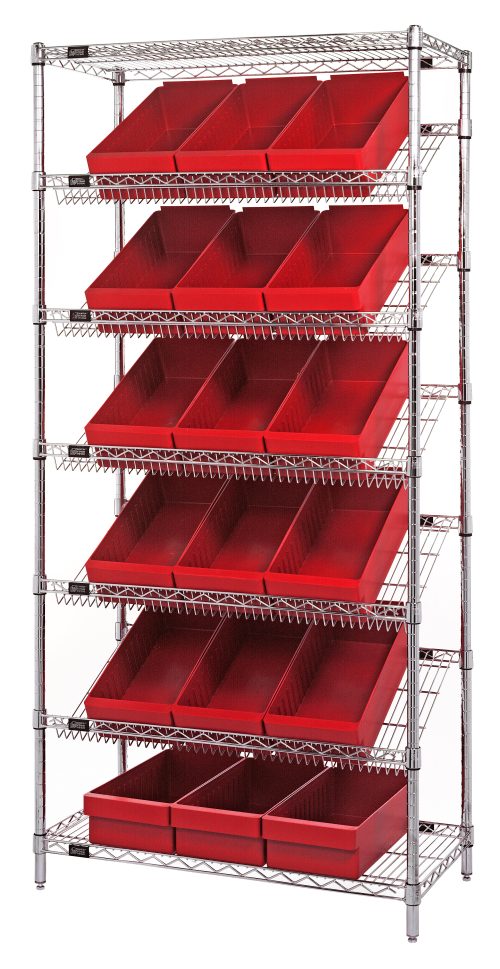 The Quantum Bin Systems Unit offers a metal shelving solution with five slanted wire shelves and two flat wire shelves. It includes 18 red bins (QED606), each measuring 17-5/8L x 8-3/8W x 4-5/8H, making it ideal for organization. The unit measures 36W x 18D x 74H and is chrome-plated for dry storage.