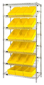 The Quantum Bin Systems Unit is a stationary, chrome-plated shelving system measuring 36W x 18D x 74H. It includes 4 posts, 2 flat wire shelves, and 5 slanted wire shelves to accommodate storage of (18) yellow bins (QED606) efficiently in its adjustable design. Suitable for dry storage applications.