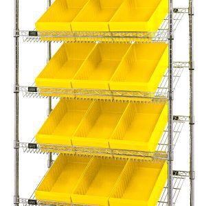 The Quantum Bin Systems Unit is a stationary, chrome-plated shelving system measuring 36W x 18D x 74H. It includes 4 posts, 2 flat wire shelves, and 5 slanted wire shelves to accommodate storage of (18) yellow bins (QED606) efficiently in its adjustable design. Suitable for dry storage applications.