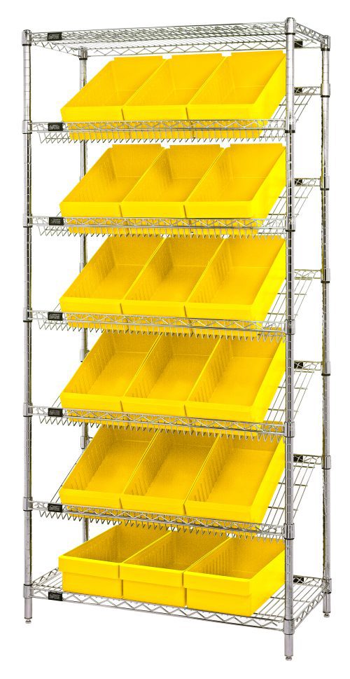 The Quantum Bin Systems Unit is a stationary, chrome-plated shelving system measuring 36W x 18D x 74H. It includes 4 posts, 2 flat wire shelves, and 5 slanted wire shelves to accommodate storage of (18) yellow bins (QED606) efficiently in its adjustable design. Suitable for dry storage applications.