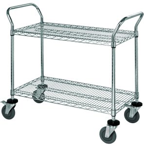 The Quantum Utility Cart features two wire shelves with a 1200 lb. capacity and dimensions of 36W x 18D x 37-1/2H. It includes U shaped handles, an open base, donut bumpers, four 5 polyurethane swivel casters (two with brakes), and is made of NSF-certified 304 stainless steel.