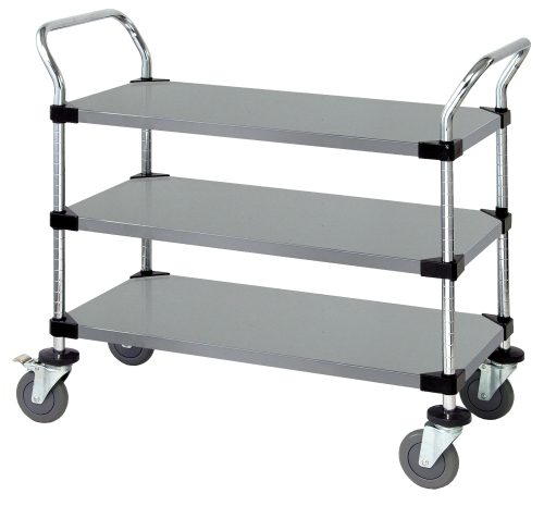 The Quantum Utility Cart, measuring 36W x 18D x 37-1/2H, features U shaped handles, an open base, and three solid shelves. Made of 304 stainless steel with donut bumpers, it includes four 5 polyurethane swivel casters (two with brakes) for easy maneuverability and storage.