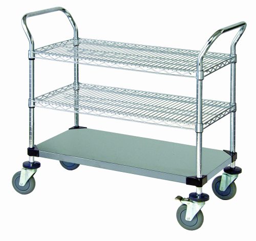 WRSC-1836SS-3S.jpg The Quantum Utility Cart, measuring 36W x 18D x 37-1/2H, features two U shaped handles and a solid base, includes two wire shelves, and can hold up to 1200 lb. Made of 304 stainless steel with donut bumpers, it has four swivel casters (two with brakes) for efficient transport.