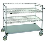 The Quantum Utility Cart features a 1200 lb. capacity with three tiers: two 36W x 24D wire shelves and one solid shelf. Its designed with a U shaped handle, four 5 swivel casters (two with brakes), and an open base for easy transport or storage. Made of 304 stainless steel, NSF-certified.