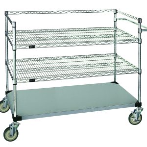 The Quantum Utility Cart features a 1200 lb. capacity with three tiers: two 36W x 24D wire shelves and one solid shelf. Its designed with a U shaped handle, four 5 swivel casters (two with brakes), and an open base for easy transport or storage. Made of 304 stainless steel, NSF-certified.