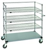 The Quantum Utility Cart features a 3-sided frame with three wire shelves and one solid shelf, offering versatile storage. It includes an U shaped handle, an open base, and four 5 polyurethane swivel casters (two with brakes) for easy mobility. Dimensions: 36W x 24D x 60H; capacity: 1200 lbs.