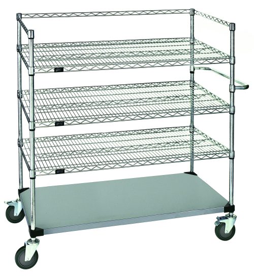 WRSC4-54-2436FS.jpg The Quantum Utility Cart features a 3-sided frame with three wire shelves and one solid shelf, offering versatile storage. It includes an U shaped handle, an open base, and four 5 polyurethane swivel casters (two with brakes) for easy mobility. Dimensions: 36W x 24D x 60H; capacity: 1200 lbs.