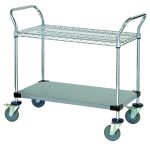 The Quantum Utility Cart, measuring 36W x 18D x 37-1/2H, boasts a 1200 lb. capacity with one wire shelf and one solid shelf. It features two U shaped handles for easy maneuvering and four 5 polyurethane swivel casters (two with brakes) on an open base, made from NSF-certified 304 stainless steel.