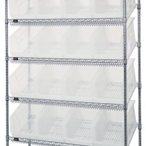 The Quantum Bin System Unit is a stationary metal shelving unit measuring 18W x 48L x 74H, with a capacity of 800 lbs per shelf. It includes four posts, two flat shelves, and four slanted shelves, along with sixteen QUS260 clear bins. The chrome-plated finish adds to its versatile industrial design.