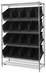 The Quantum Bin System Unit is a sturdy, chrome-plated stationary shelving system with dimensions of 18W x 48L x 74H. It features flat and slanted shelves, along with four posts and accommodates sixteen Qus260 black bins. Each shelf can support up to 800 lbs, ideal for organizing various items.