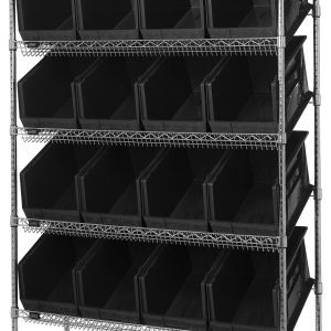 The Quantum Bin System Unit is a sturdy, chrome-plated stationary shelving system with dimensions of 18W x 48L x 74H. It features flat and slanted shelves, along with four posts and accommodates sixteen Qus260 black bins. Each shelf can support up to 800 lbs, ideal for organizing various items.