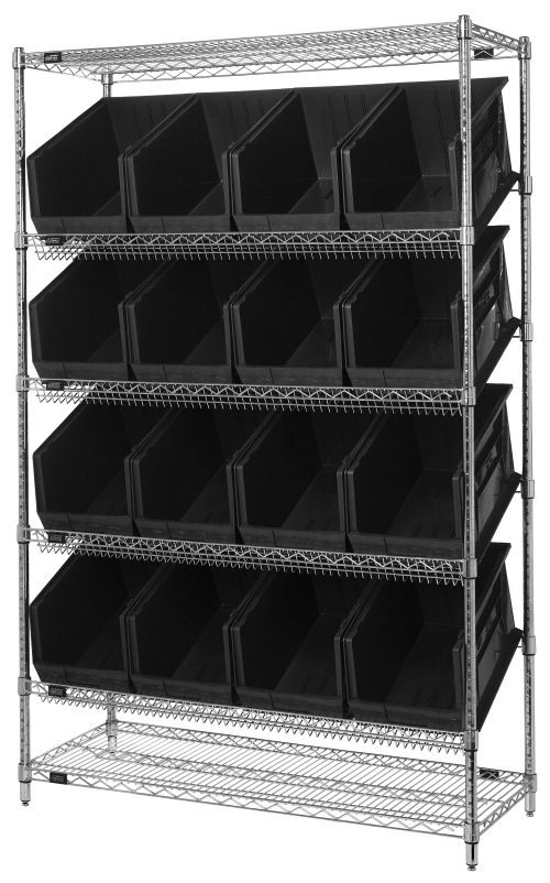 The Quantum Bin System Unit is a sturdy, chrome-plated stationary shelving system with dimensions of 18W x 48L x 74H. It features flat and slanted shelves, along with four posts and accommodates sixteen Qus260 black bins. Each shelf can support up to 800 lbs, ideal for organizing various items.