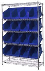 The Quantum Bin System Unit is a stationary shelving solution, measuring 18W x 48L x 74H, with an 800 lbs capacity per shelf. It includes four posts and sixteen QUS260 blue bins, featuring an open-front design for easy access, making it ideal for organizing tools or materials efficiently.