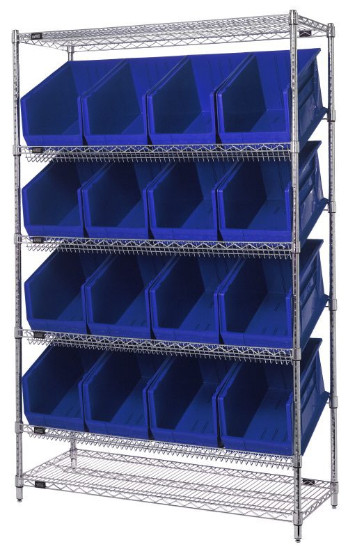 The Quantum Bin System Unit is a stationary shelving solution, measuring 18W x 48L x 74H, with an 800 lbs capacity per shelf. It includes four posts and sixteen QUS260 blue bins, featuring an open-front design for easy access, making it ideal for organizing tools or materials efficiently.
