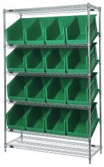 The Quantum Bin System Unit is a stationary metal shelving unit measuring 18W x 48L x 74H, with each shelf supporting up to 800 lbs. It includes two flat and four slanted shelves, with open-front green storage bins for easy access, featuring a simple chrome-plated finish.