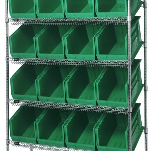 The Quantum Bin System Unit is a stationary metal shelving unit measuring 18W x 48L x 74H, with each shelf supporting up to 800 lbs. It includes two flat and four slanted shelves, with open-front green storage bins for easy access, featuring a simple chrome-plated finish.