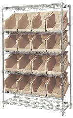 The Quantum Bin System Unit features five rows with 16 large ivory QUS260 bins on two flat and four slanted wire shelves, each with an 800 lbs capacity. Measuring 18W x 48L x 74H, it has a chrome-plated finish and an industrial design for efficient organization.