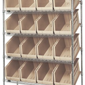 The Quantum Bin System Unit features five rows with 16 large ivory QUS260 bins on two flat and four slanted wire shelves, each with an 800 lbs capacity. Measuring 18W x 48L x 74H, it has a chrome-plated finish and an industrial design for efficient organization.