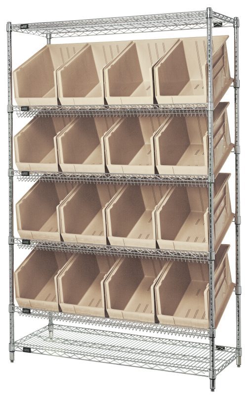 The Quantum Bin System Unit features five rows with 16 large ivory QUS260 bins on two flat and four slanted wire shelves, each with an 800 lbs capacity. Measuring 18W x 48L x 74H, it has a chrome-plated finish and an industrial design for efficient organization.
