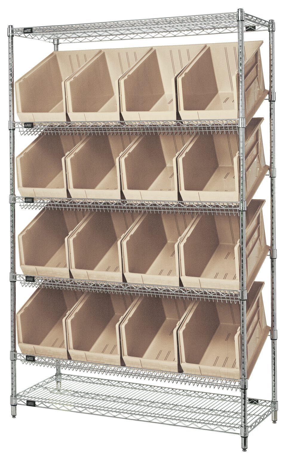 Quantum bin system unit with five rows of ivory hang-and-stack bins on slanted shelves