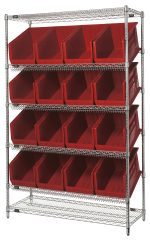 The Quantum Bin System Unit is a stationary shelving unit measuring 18W x 48L x 74H. It features (2) flat and (4) slanted shelves, with (16) QUS260 red bins and a chrome-plated finish. The unit has 4 sturdy posts with an 800 lbs capacity per shelf and includes a wire bottom shelf for efficiency.