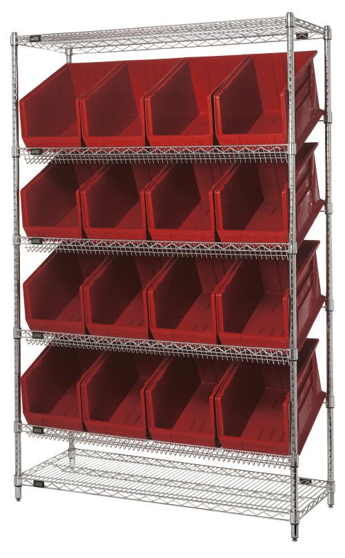 The Quantum Bin System Unit is a stationary shelving unit measuring 18W x 48L x 74H. It features (2) flat and (4) slanted shelves, with (16) QUS260 red bins and a chrome-plated finish. The unit has 4 sturdy posts with an 800 lbs capacity per shelf and includes a wire bottom shelf for efficiency.