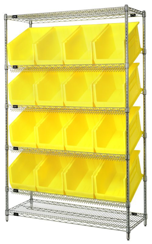 The Quantum Bin System Unit, measuring 18W x 48L x 74H with a chrome finish, includes two flat and four slanted adjustable shelves. It holds 16 large Qus260 yellow bins and supports up to 800 lbs per shelf. This sturdy, stationary unit is shipped KD with four posts for easy assembly.