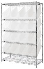 The Quantum Bin System Unit, measuring 24W x 48L x 74H, features a five-tier metal shelving unit with two flat and four slanted shelves, each holding up to 800 lbs. It includes 16 Qus953 clear bins for efficient organization and a chrome-plated finish.
