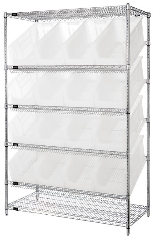 The Quantum Bin System Unit, measuring 24W x 48L x 74H, features a five-tier metal shelving unit with two flat and four slanted shelves, each holding up to 800 lbs. It includes 16 Qus953 clear bins for efficient organization and a chrome-plated finish.