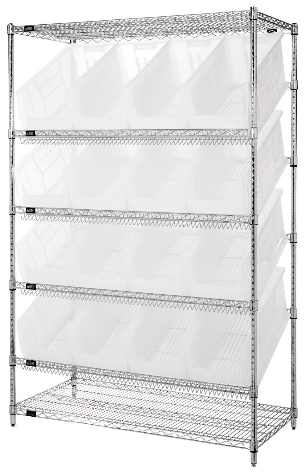 Slanted shelf cart with clear 24 inch containers