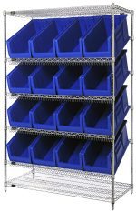 The Quantum Bin System Unit features a chrome-plated metal design with four posts and includes two flat and four slanted shelves. It holds sixteen large QUS953 blue bins, angled for easy access, with an open wire-frame structure that enhances visibility and convenience. Each shelf can handle 800 lbs.