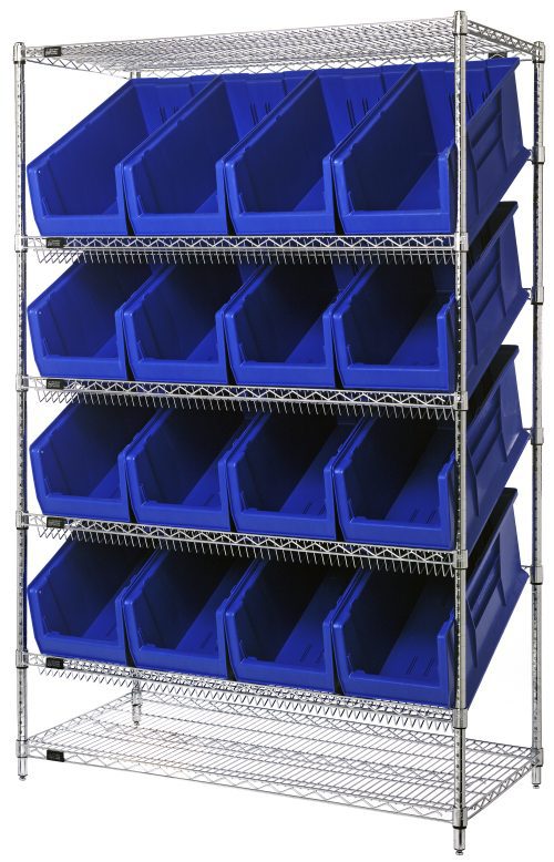 The Quantum Bin System Unit features a chrome-plated metal design with four posts and includes two flat and four slanted shelves. It holds sixteen large QUS953 blue bins, angled for easy access, with an open wire-frame structure that enhances visibility and convenience. Each shelf can handle 800 lbs.