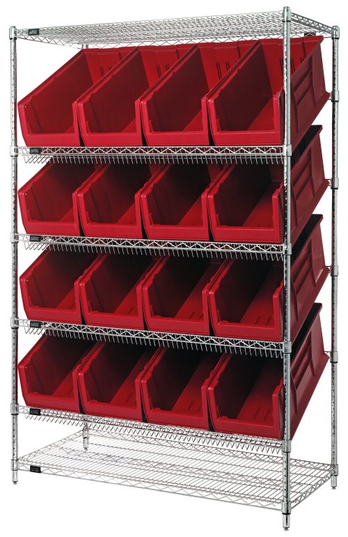 The Quantum Bin System Unit is stationary with dimensions of 24W x 48L x 74H and features (2) flat and (4) slanted shelves. It includes (16) Qus953 red bins for organized storage, offering a sturdy, chrome-plated finish with an open design for easy access and ready filling.