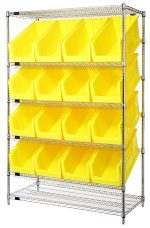The Quantum Bin System Unit, measuring 24W X 48L X 74H with an 800 lbs capacity per shelf, features a chrome-plated stationary design with two flat and four slanted shelves, four posts, and 16 QUS953 yellow bins in four rows for efficient open-front storage and organization.