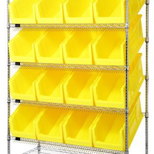 The Quantum Bin System Unit, measuring 24W X 48L X 74H with an 800 lbs capacity per shelf, features a chrome-plated stationary design with two flat and four slanted shelves, four posts, and 16 QUS953 yellow bins in four rows for efficient open-front storage and organization.