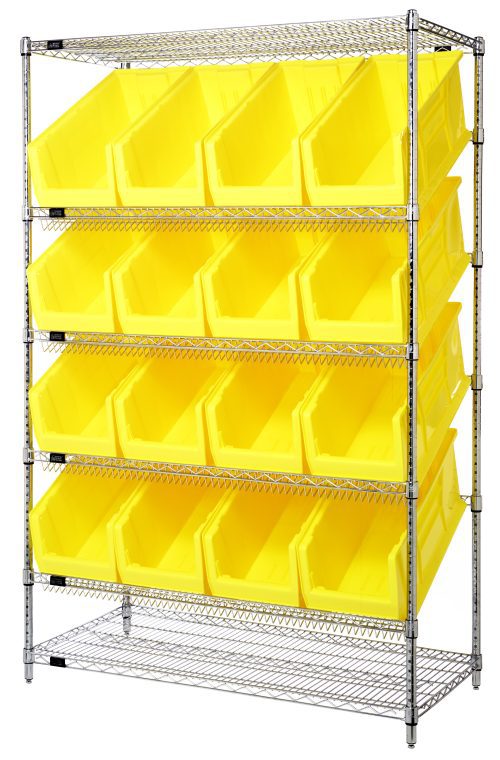 WRCFL-74-2448-953blue The Quantum Bin System Unit, measuring 24W X 48L X 74H with an 800 lbs capacity per shelf, features a chrome-plated stationary design with two flat and four slanted shelves, four posts, and 16 QUS953 yellow bins in four rows for efficient open-front storage and organization.