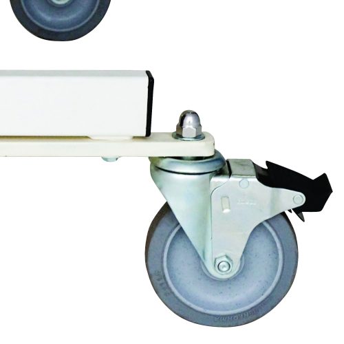 Close-up of a gray caster wheel from the Quantum Partition Wall Caster Kit, crucial for Starter Units mobility, attached to a metal frame with a brake lever. Another wheel is partially visible in the top left corner.