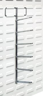 The Quantum Tape/Reel Holder features six 6 pronged arms on a vertical panel, accommodating up to six tapes or reels with a 25 lbs. load capacity. Ideal for use with louvered panels, it fits seamlessly into evenly spaced slots.