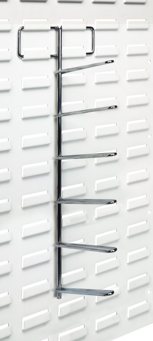 The Quantum Tape/Reel Holder features six 6 pronged arms on a vertical panel, accommodating up to six tapes or reels with a 25 lbs. load capacity. Ideal for use with louvered panels, it fits seamlessly into evenly spaced slots.