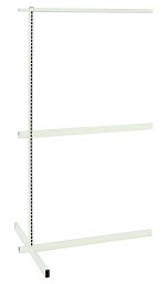 The Quantum Partition Wall Add-On Unit, with a white finish and C-shaped base, includes an upright and three tie-bars. Its 36W x 50D x 70H and serves as an adjustable double-sided rack for displaying or storing clothing.