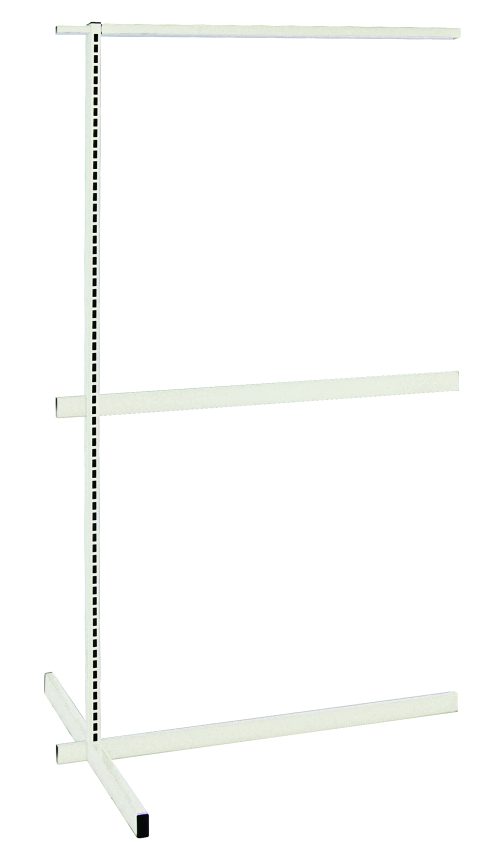 The Quantum Partition Wall Add-On Unit, with a white finish and C-shaped base, includes an upright and three tie-bars. Its 36W x 50D x 70H and serves as an adjustable double-sided rack for displaying or storing clothing.