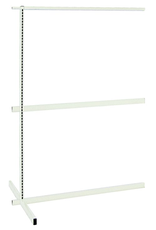 The white metal Quantum Partition Wall Add-On Unit has a T-shaped base, adjustable height with multiple holes, and includes one upright and three tie-bars. The double-sided unit measures 48W x 50D x 70H, standing empty against a plain background, ready for your wardrobe essentials.